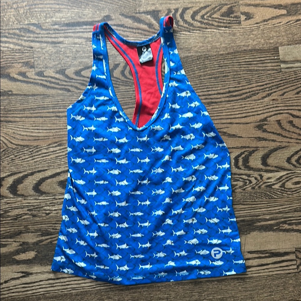 Pelagic Performance Blue Shark-Print Women’s Swim Tank Sz S